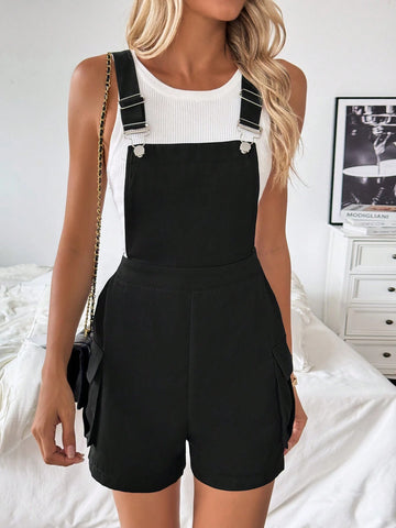 Black Overall Jumpsuit For Women With Adjustable Buckles And Pocket Design, Casual And Versatile