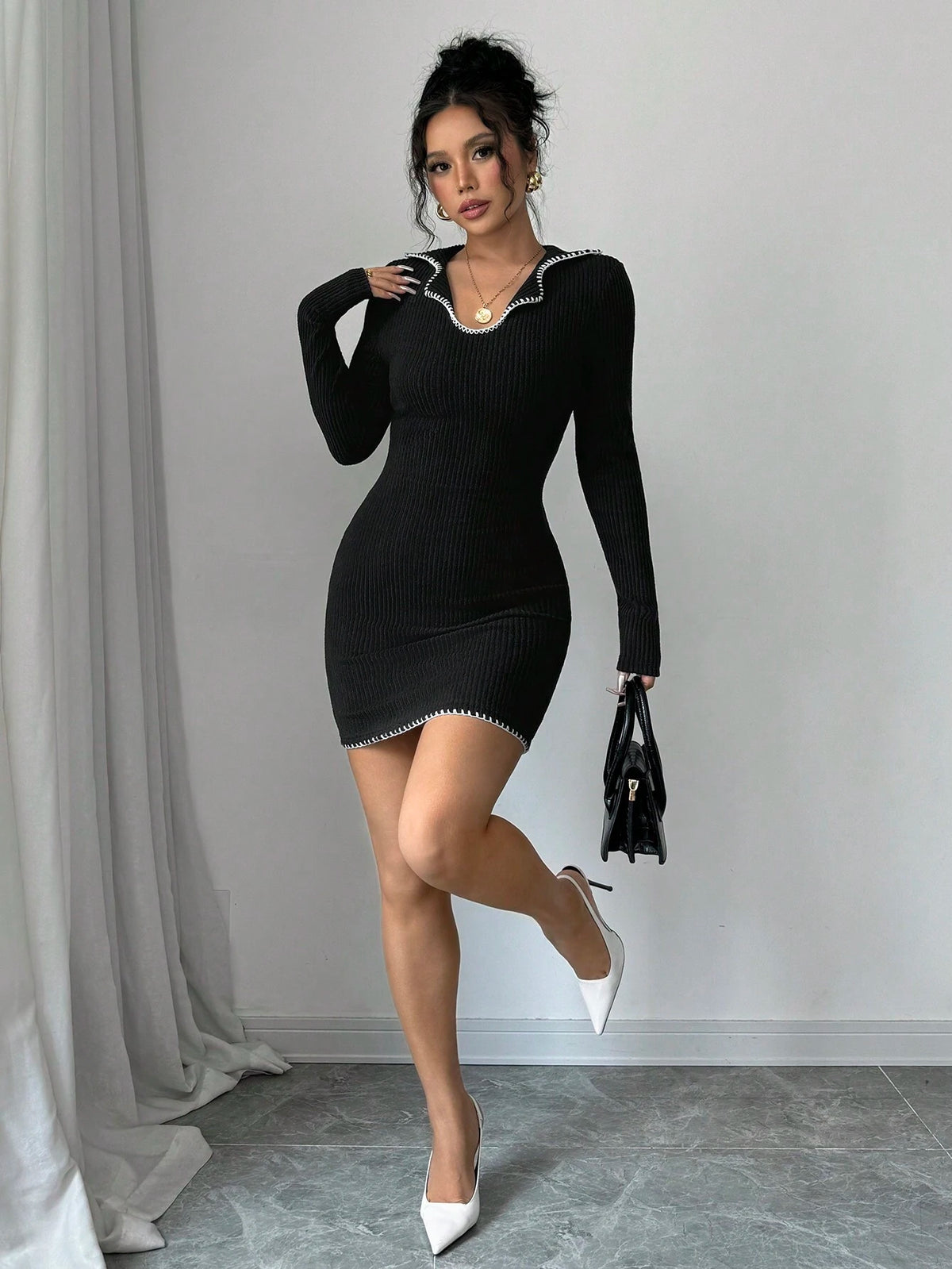 Black V-Neck Color Block Mini Bodycon Dress For Women, Autumn/Winter