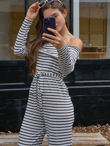 Black & White Striped Knit Off-Shoulder Jumpsuit For Women