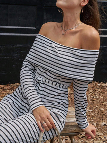 Black & White Striped Knit Off-Shoulder Jumpsuit For Women