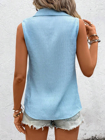 Essnce Blue Sleeveless Women's Solid Color Simple Daily Shirt