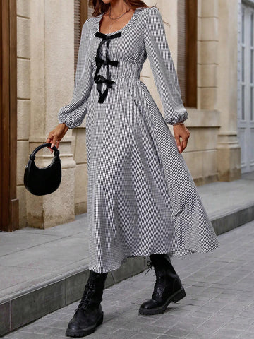 Bow Tie Waist Black And White Plaid Long Sleeve Autumn Dress