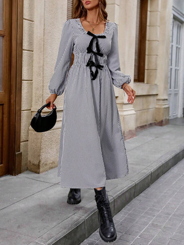 Bow Tie Waist Black And White Plaid Long Sleeve Autumn Dress