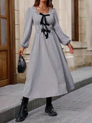 Bow Tie Waist Black And White Plaid Long Sleeve Autumn Dress