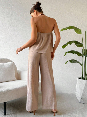 Button Front Backless Halter Top And Pants Casual Outfit