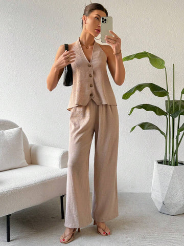 Button Front Backless Halter Top And Pants Casual Outfit