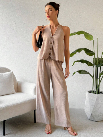 Button Front Backless Halter Top And Pants Casual Outfit