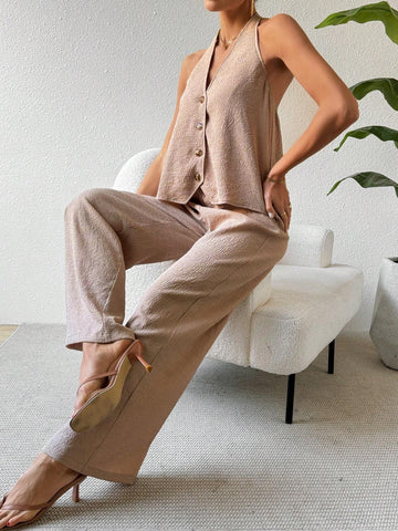 Button Front Backless Halter Top And Pants Casual Outfit