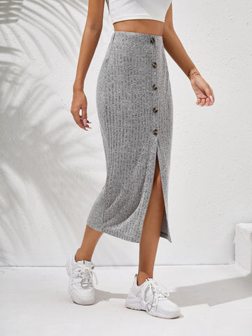 Essnce Button Front Rib-knit Skirt