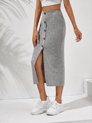 Essnce Button Front Rib-knit Skirt