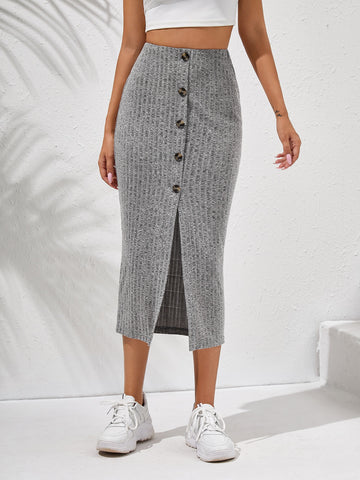 Essnce Button Front Rib-knit Skirt