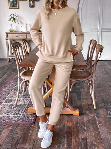 Button Side Detail Long Sleeve Sweatshirt And Sports Pants Set