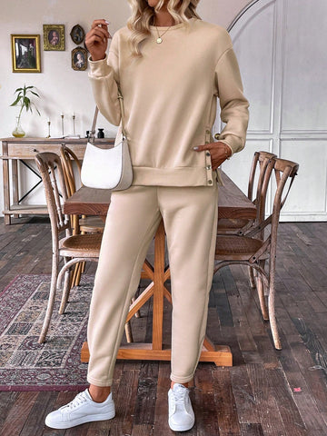 Button Side Detail Long Sleeve Sweatshirt And Sports Pants Set