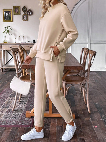 Button Side Detail Long Sleeve Sweatshirt And Sports Pants Set