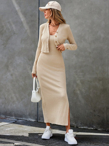 Button Up Jacket And Slit Hem Cami Dress Two Piece Set