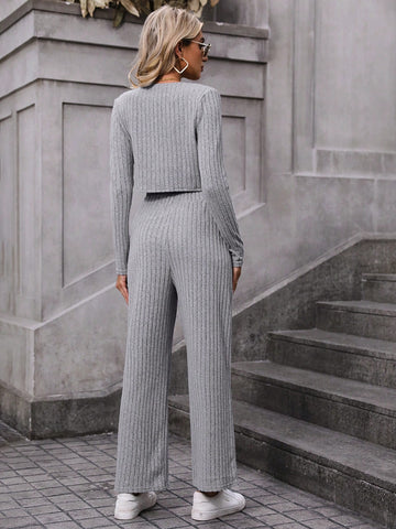 Button Up Long Sleeve T-Shirt And Pants Set