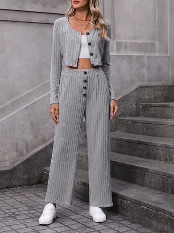 Button Up Long Sleeve T-Shirt And Pants Set