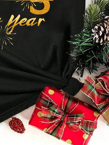 Casual 2025 New Year Pattern Loose Round Neck Short Sleeve Women T-Shirt