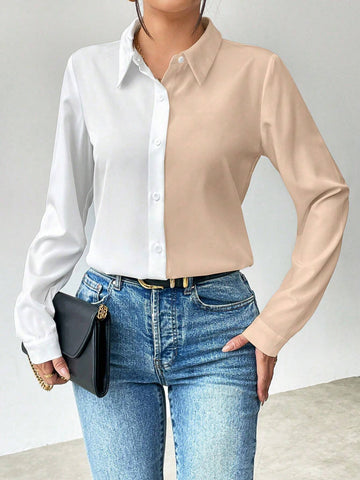 Essnce Casual Color Block Long Sleeve Shirt, Autumn