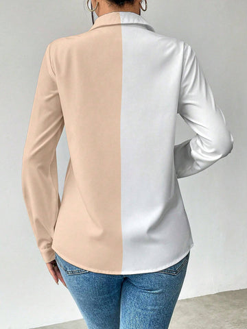 Essnce Casual Color Block Long Sleeve Shirt, Autumn