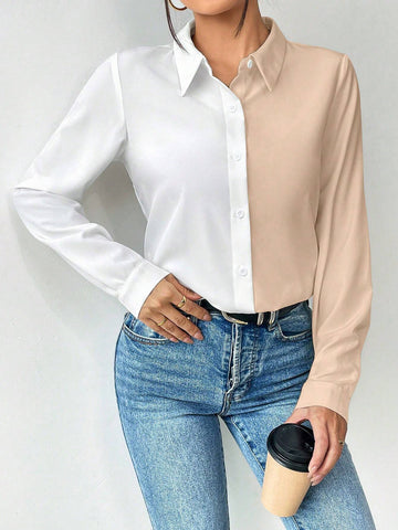 Essnce Casual Color Block Long Sleeve Shirt, Autumn