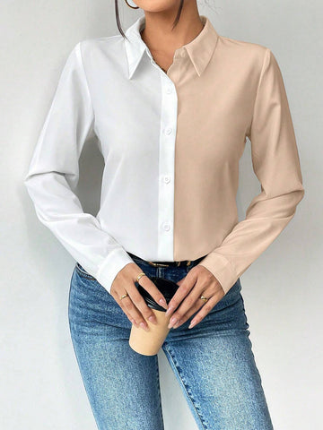 Essnce Casual Color Block Long Sleeve Shirt, Autumn