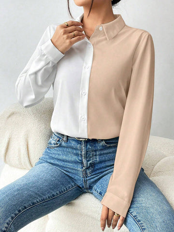 Essnce Casual Color Block Long Sleeve Shirt, Autumn