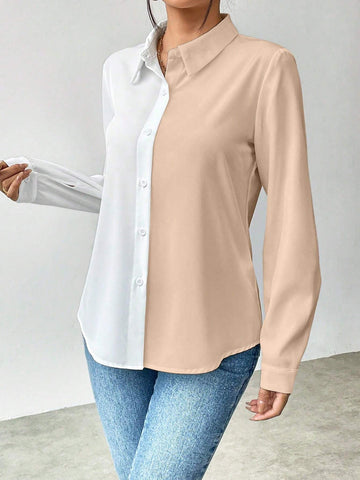 Essnce Casual Color Block Long Sleeve Shirt, Autumn