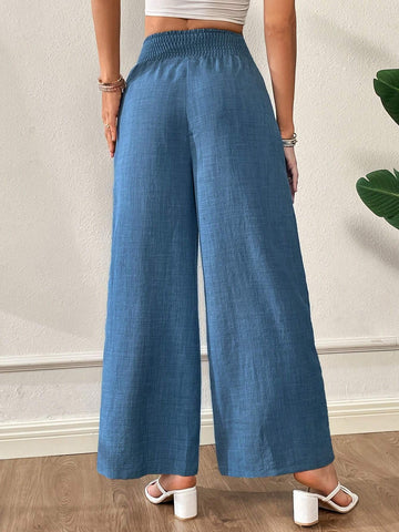 Essnce Casual High Waist Wide Leg Blue Pants For Summer Vacation