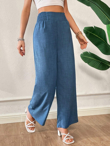 Essnce Casual High Waist Wide Leg Blue Pants For Summer Vacation