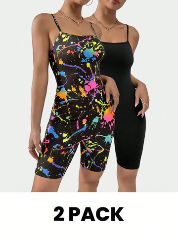 Casual Ink Splash Print Summer Sleeveless Bodysuit Jumpsuit Romper Set