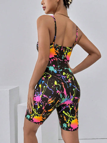 Casual Ink Splash Print Summer Sleeveless Bodysuit Jumpsuit Romper Set