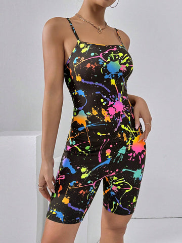Casual Ink Splash Print Summer Sleeveless Bodysuit Jumpsuit Romper Set