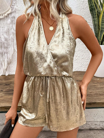 Casual Ladies" Summer Metal Texture Waist Tie Big Backless Halter Sexy Jumpsuit Shorts