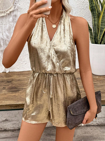 Casual Ladies" Summer Metal Texture Waist Tie Big Backless Halter Sexy Jumpsuit Shorts