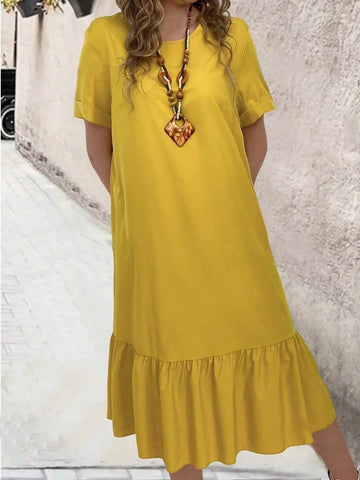 Casual Loose Short-Sleeved Dress With Round Neck And Ruffled Hem For Summer