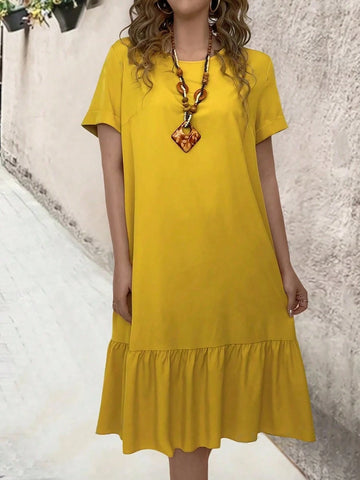 Casual Loose Short-Sleeved Dress With Round Neck And Ruffled Hem For Summer