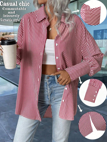 Essnce Casual Loose Striped Turn Down Collar Single-Breasted Women Blouse