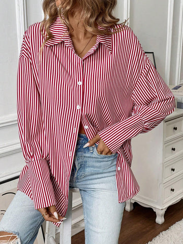 Essnce Casual Loose Striped Turn Down Collar Single-Breasted Women Blouse