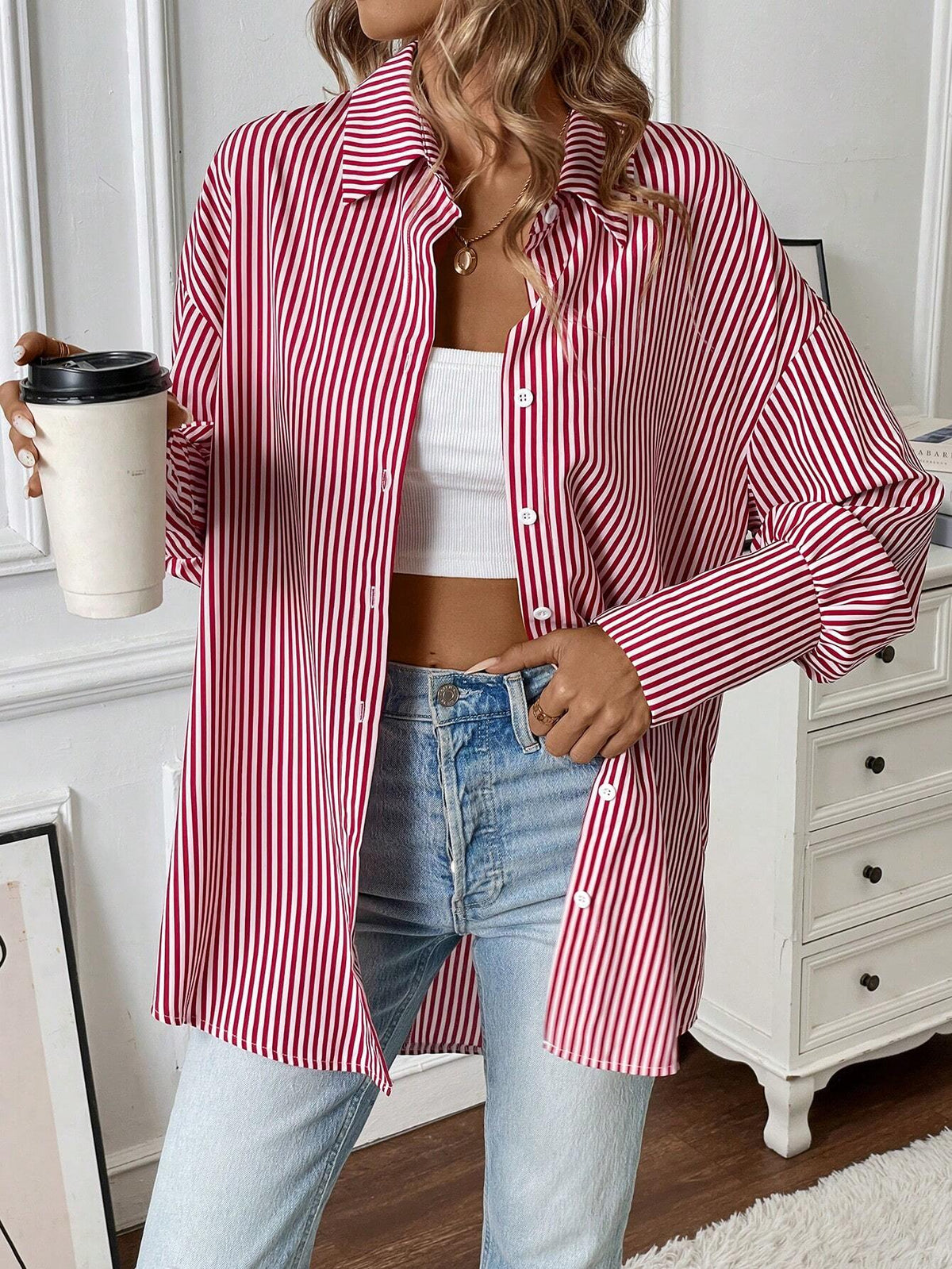 Essnce Casual Loose Striped Turn Down Collar Single-Breasted Women Blouse