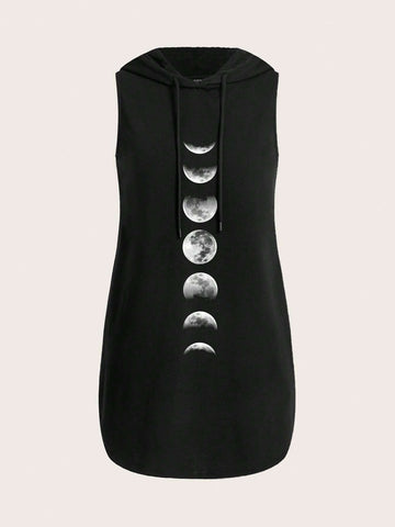 Casual Minimalist Moon Pattern Sleeveless Fitted Black Dress For Women