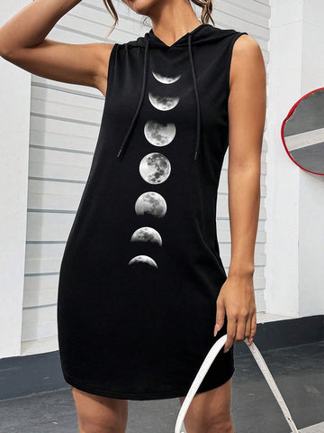 Casual Minimalist Moon Pattern Sleeveless Fitted Black Dress For Women