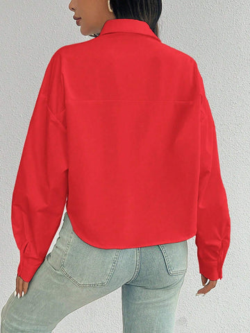 Essnce Casual Minimalist Solid Color Button-Front Dropped Shoulder Loose Pocket Shirt, Autumn