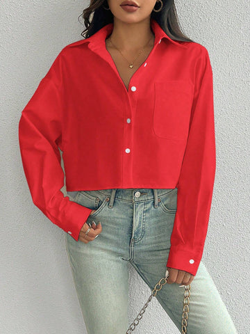 Essnce Casual Minimalist Solid Color Button-Front Dropped Shoulder Loose Pocket Shirt, Autumn