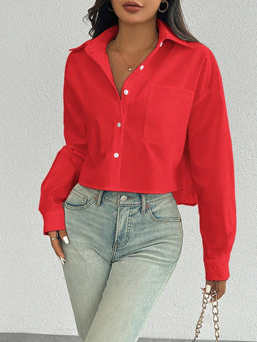 Essnce Casual Minimalist Solid Color Button-Front Dropped Shoulder Loose Pocket Shirt, Autumn