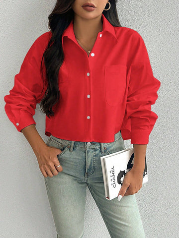 Essnce Casual Minimalist Solid Color Button-Front Dropped Shoulder Loose Pocket Shirt, Autumn