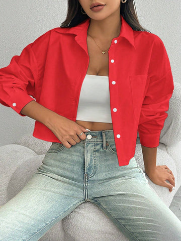 Essnce Casual Minimalist Solid Color Button-Front Dropped Shoulder Loose Pocket Shirt, Autumn