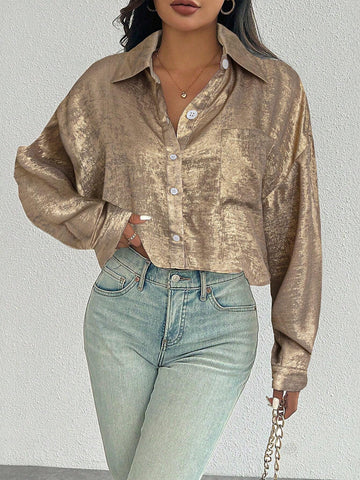 Essnce Casual Multi-Way Fashionable Long Sleeve V-Neck Button Up Glossy Ladies Blouse