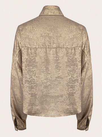 Essnce Casual Multi-Way Fashionable Long Sleeve V-Neck Button Up Glossy Ladies Blouse