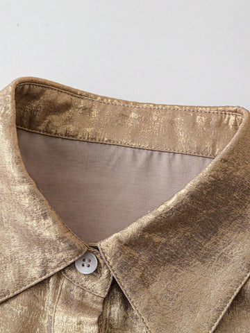 Essnce Casual Multi-Way Fashionable Long Sleeve V-Neck Button Up Glossy Ladies Blouse